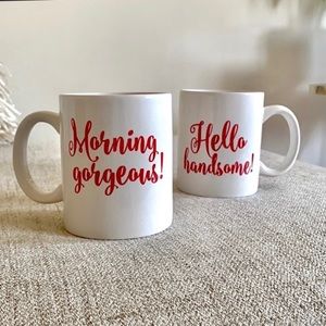 🪞 NEW His & Hers novelty cup mug set “morning gorgeous , hello handsome” logo